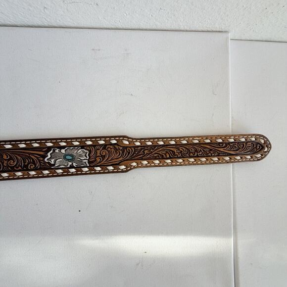 Vintage Tony Lama 48788 KAREN Tooled Leather Western Belt Turquoise Flower Sz32 main image 5